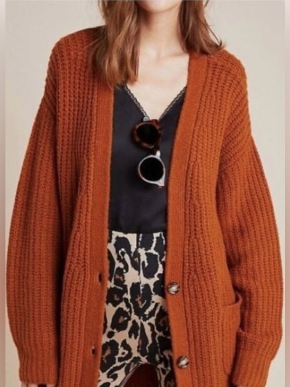 Anthropologie Barely worn Ribbed Open-Front Cardigan in Rust Brown